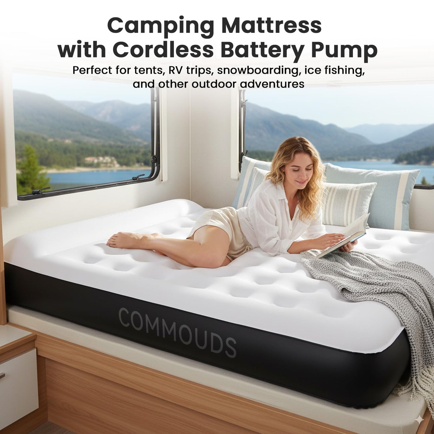 COMMOUDS Queen Air Mattress with Built-in USB Rechargeable Air Pump, Camping Blow up Mattress, Portable Inflatable Mattress, Air Bed for Outdoor, Travel, Home and Guest, 8" Raised