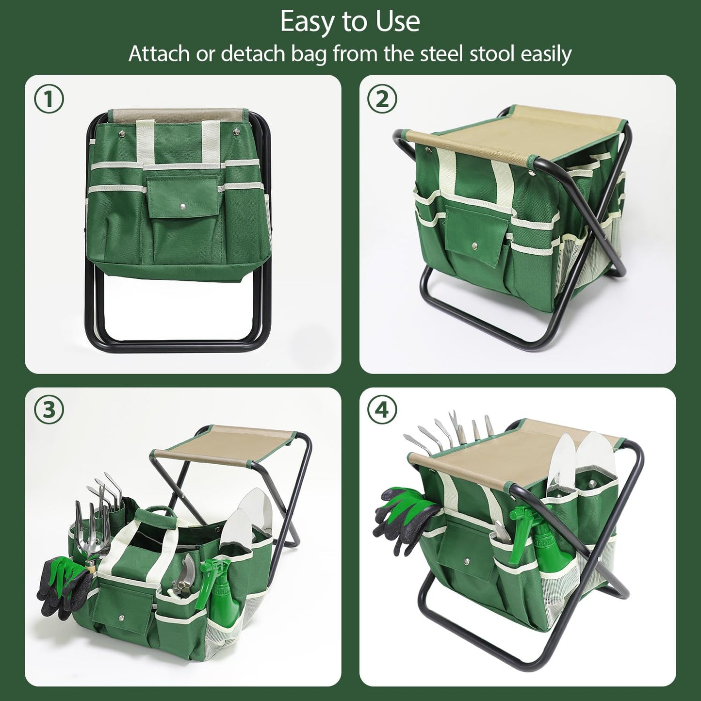 HoHaing Garden Tool Set, 10 Piece Gardening Kit with Heavy Duty Folding Stool, Gardening Tools with Detachable Storage Tote Bag, Stainless Steel Garden Tools, Gardening Gifts for Women Men Green
