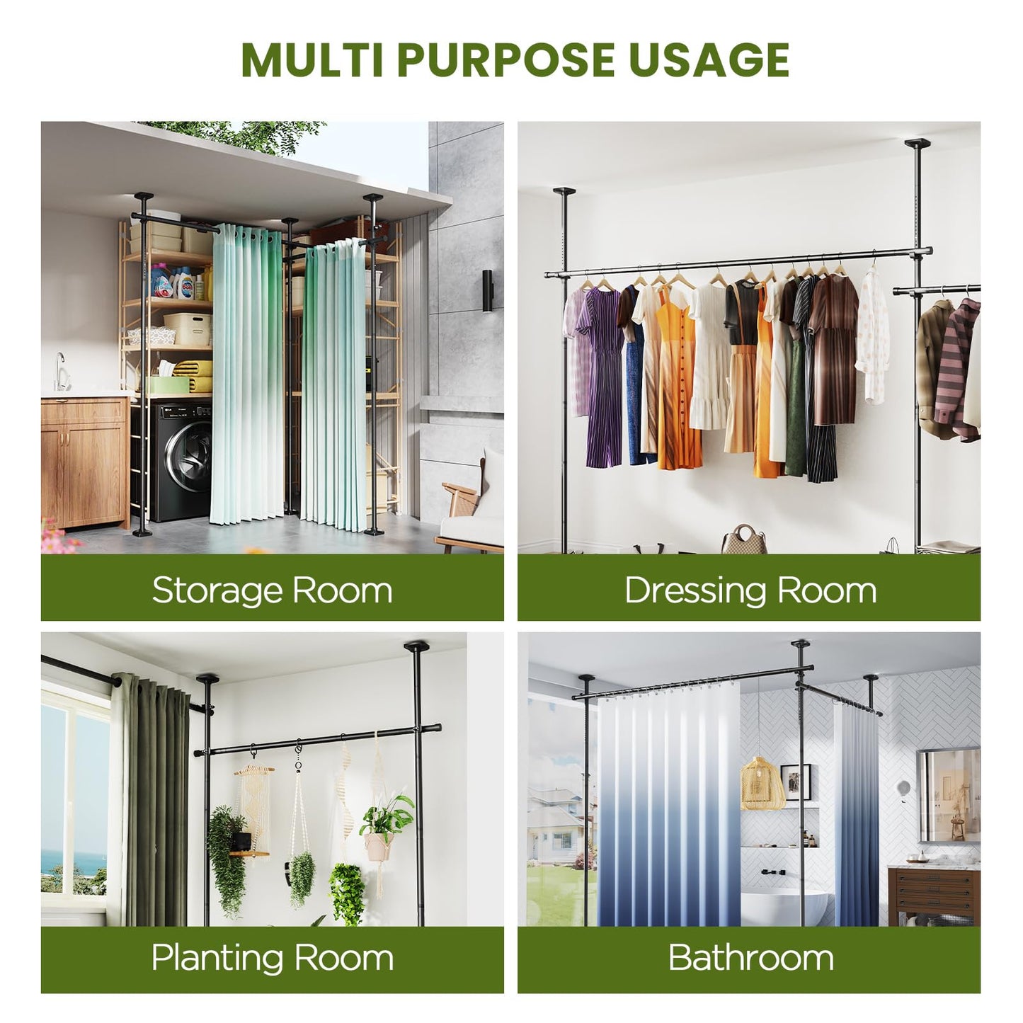SUNALLY Room Divider Curtain Rod, No Drilling 4-10ft(H) 28-140inch(W) Adjustable Privacy Wall Divider for Room Separation, Heavy Duty Temporary Partition Space Separator Tension Rods, Black