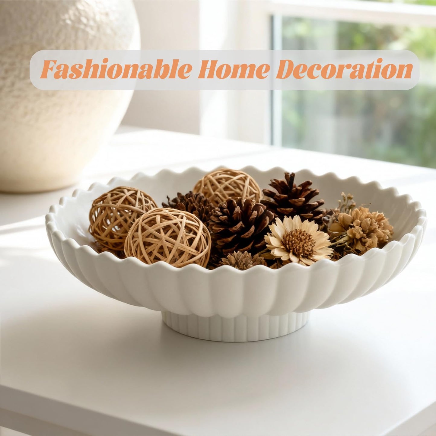 Yeatel Large Decorative Bowl, 10.6-Inch Handmade Modern Ceramic Centerpiece Bowl with Scalloped Edge, Perfect as Fruit Bowl, Key & Jewelry Catchall, Candy Bowl for Home, Kitchen, Entryway Table Decor