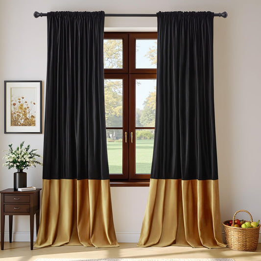 BULBUL Velvet Curtains 84 inches Long for Living Room Blak Gold,2 Panels Blackout Curtains Modern Color Block Back Tab Rod Pocket Soundproof Drapes for Bedroom Window Decor