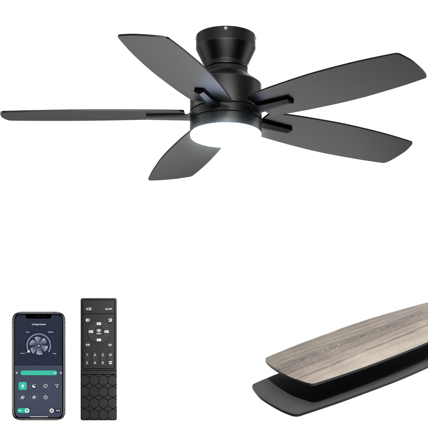 Ohniyou Ceiling Fans with Lights, 42'' Low Profile Ceiling Fan with Light and Remote/APP Control, Modern Flush Mount Ceiling Fan for Indoor Bedroom Kitchen, Dimmable, Quiet DC Motor, Black