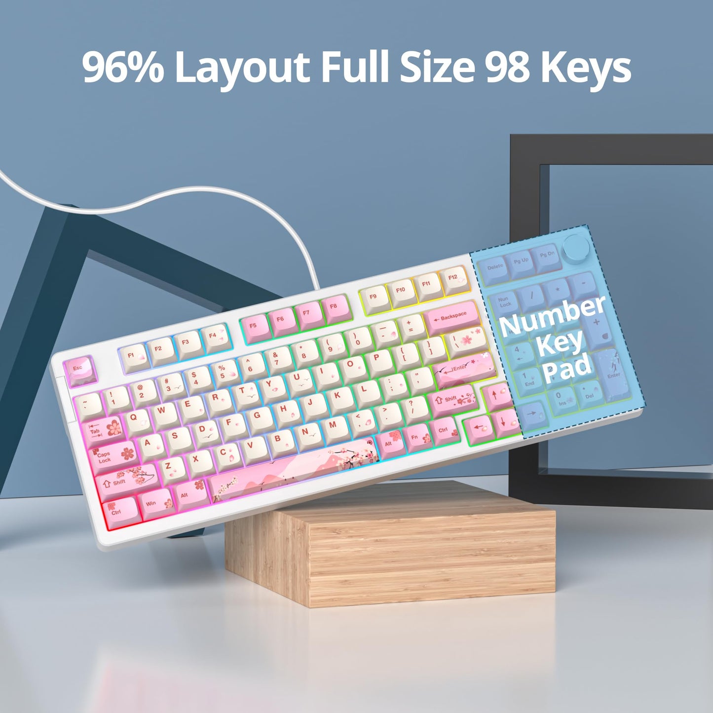 SbocKeeb 96% Wired Mechanical Gaming Keyboard,Gasket Structure RGB Backlit Keyboard,98 Key Hot Swappable Keyboard with Control Knob,NKRO Compact Keyboard with Number Pad for Win/Mac(98 Flower)