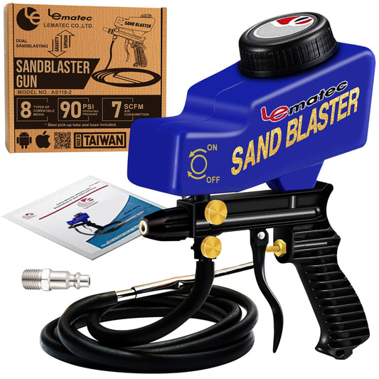 LE LEMATEC Portable Sandblaster Gun Kit, Air Compressor Sand Blaster, Paint & Rust Remover, Abrasive Media & Soda Blaster for Metal, Wood, Automotive & DIY Surface Prep, AS118-2C
