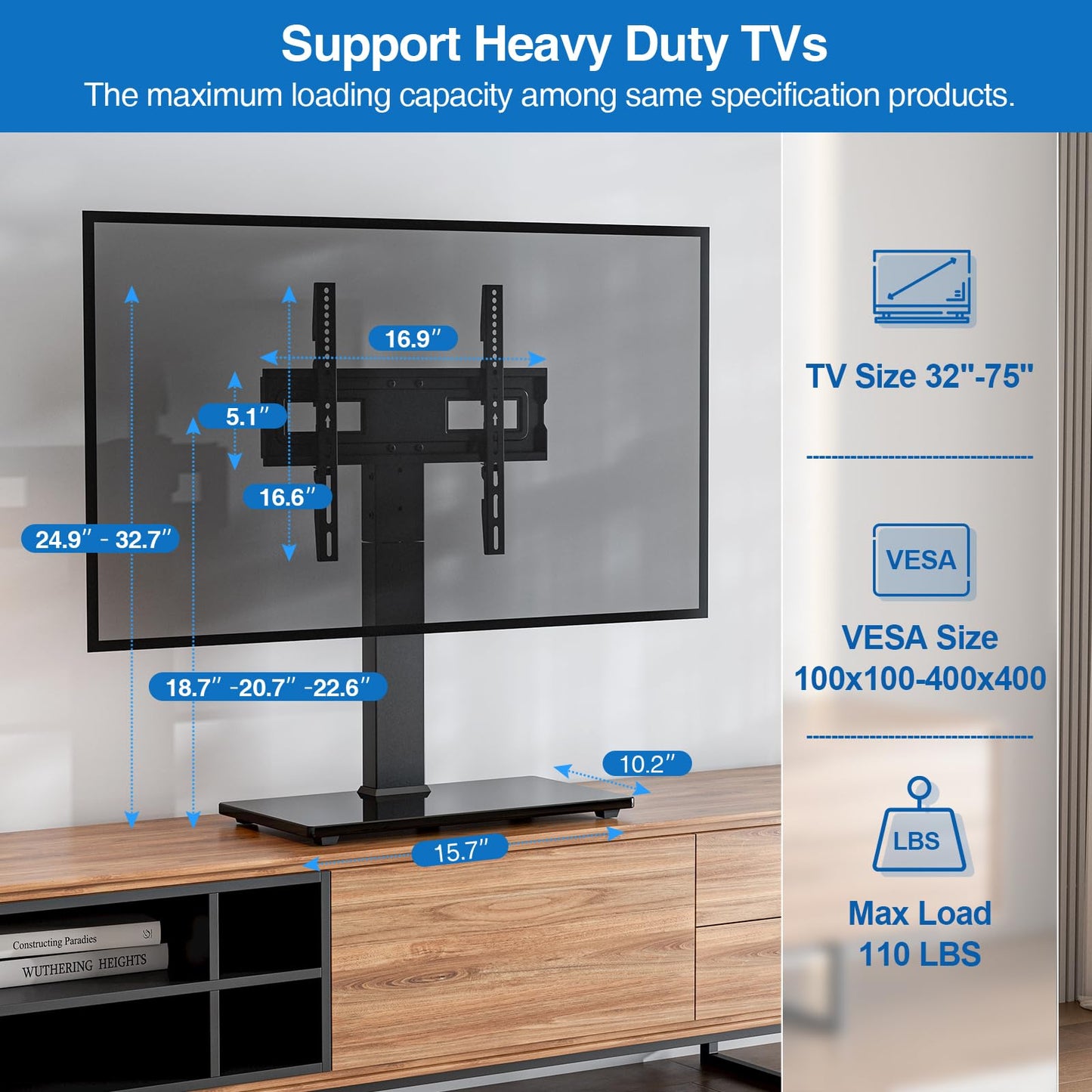 HOLMAXD Universal Swivel TV Stand Base for 32-75 Inch TVs, Height Adjustable Table Top TV Stand with Tilt Mount, Holds up to 110 lbs, Heavy Duty Temper Glass Base, Max VESA 400x400mm