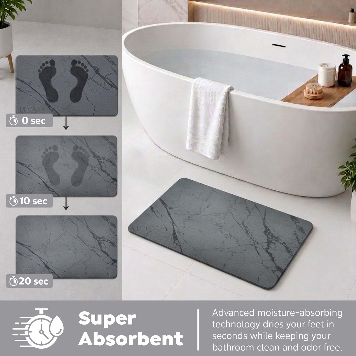 Extra Large Stone Bath Mat for Bathroom (32" x 20") | Non Slip Super Absorbent Quick Dry Diatomaceous Earth Bath Mat | XL Diatomite Stone Bath Shower Mat | Drying Mat for Kitchen Counter | Gray