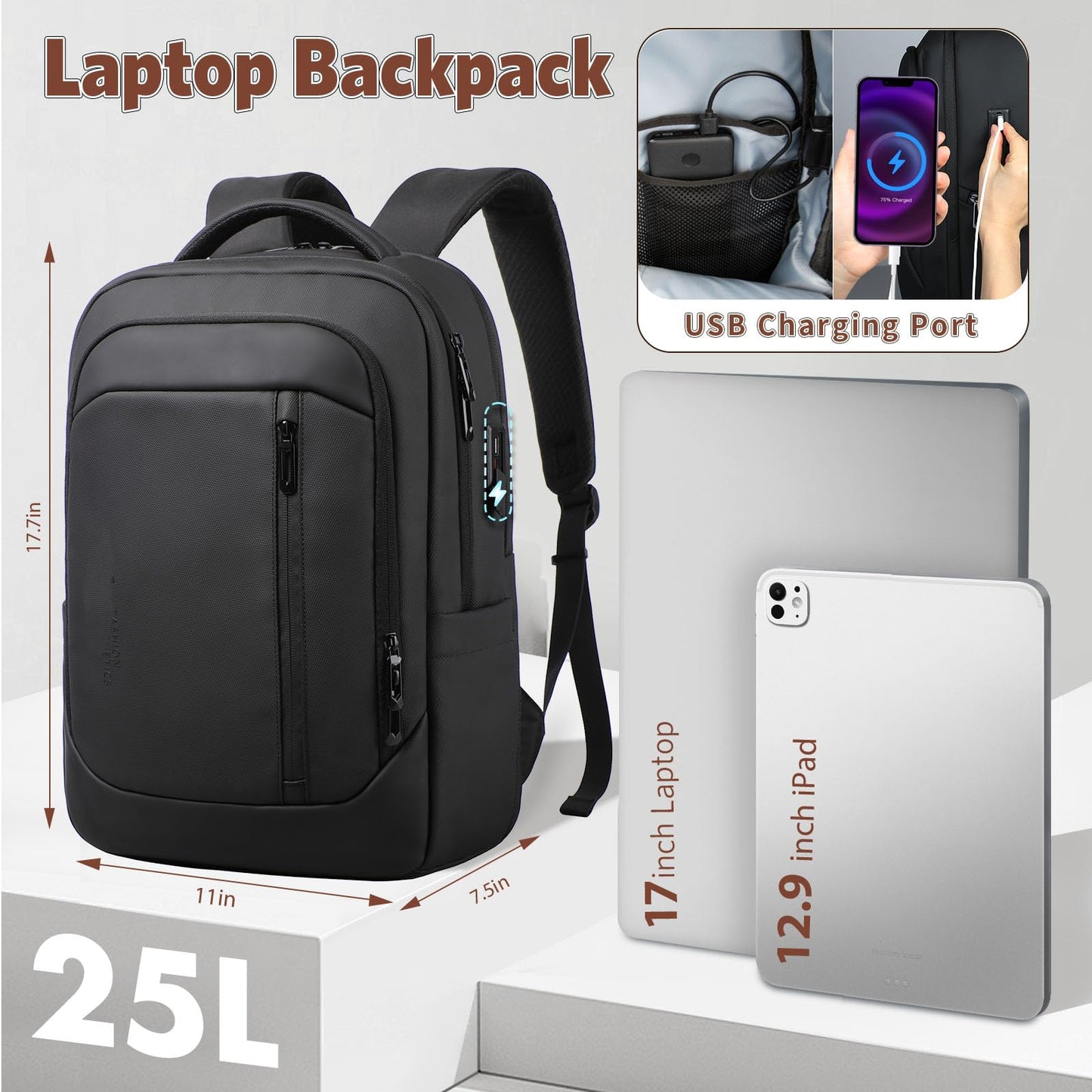 HEROIC KNIGHT 17-Inch Laptop Backpack for Men & Women, 25L Business Work Backpack with USB Charging Port, Water Resistant Computer Bag with Anti-Theft Pocket for Travel Office Daily– Black