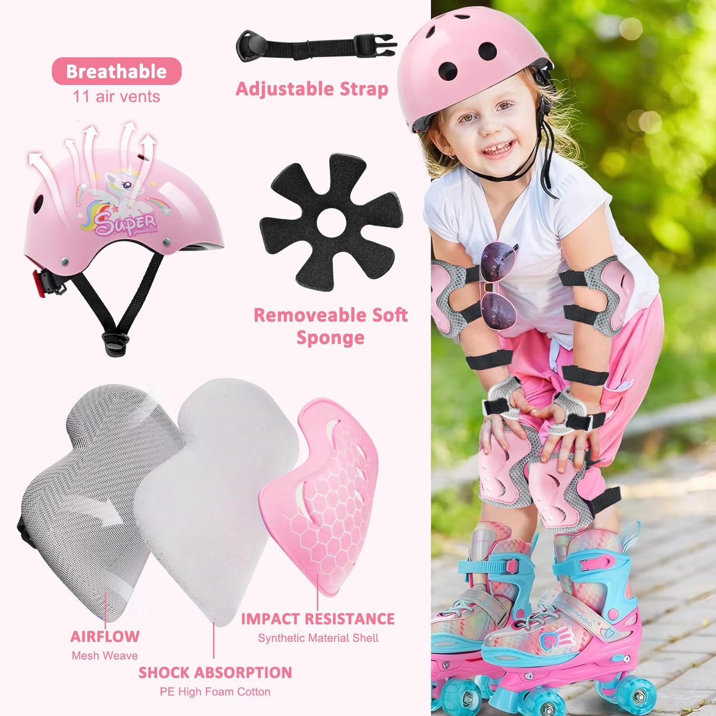 Kqpoinw Adjustable Kids Bike Helmet Set with Knee, Elbow and Wrist Pads, Toddler Helmet for Ages 3-5-8-14 Boys Girls, Protective Gear Set for Ages 3-14 Kids & Youth, for Bikes Skateboards Rollerskates