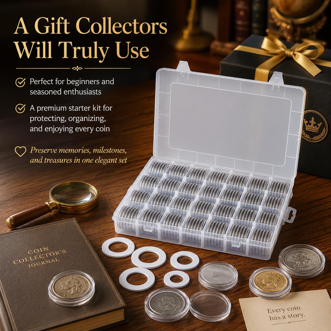 FULLCASE Coin Holders for Collectors–168Pcs Coin Capsules with 6-Size Foam Gaskets (20-46mm) for Silver Dollars Eagles & Foreign Coins, Airtight Coin Storage Box Organizer Collecting Supplies