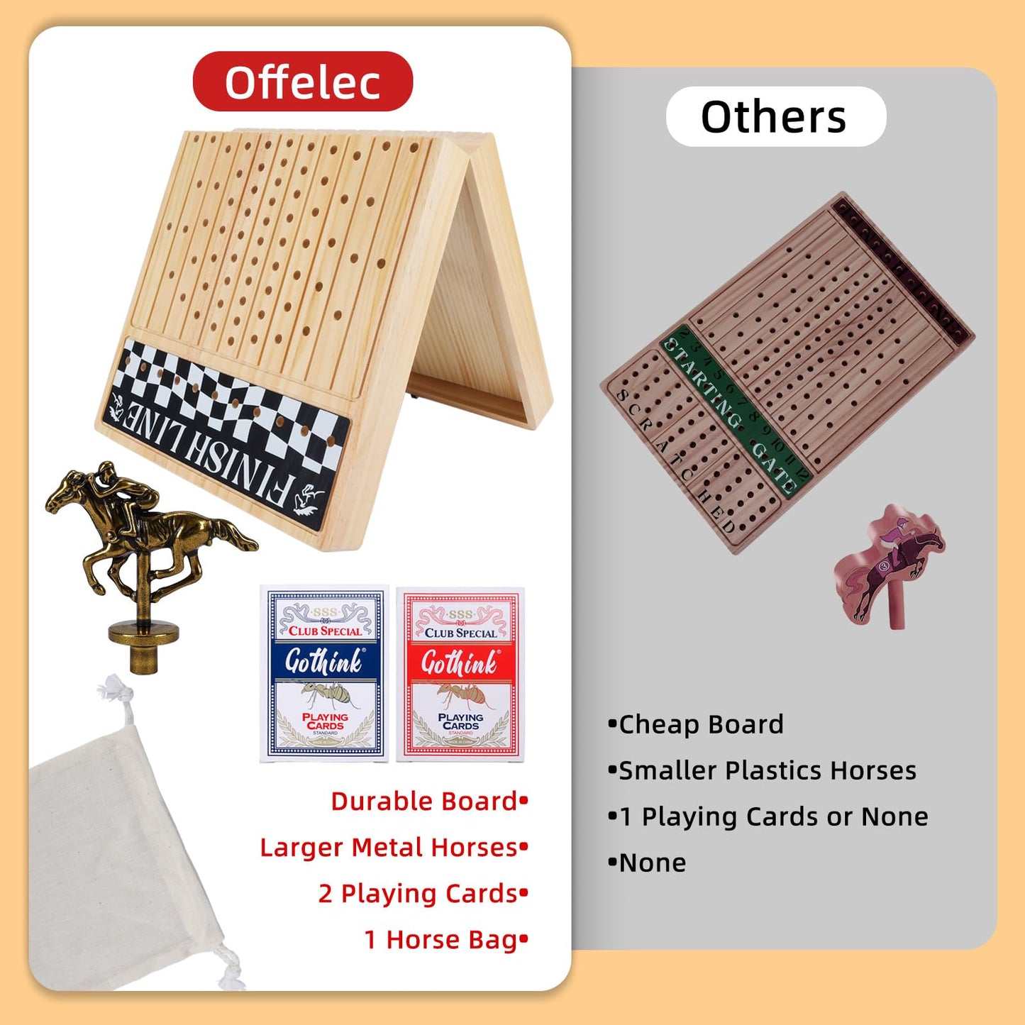 Offelec Large 23 inches Horse Race Board Game, Premium Durable Foldable Wooden Box, Horse Racing Game with 11 Retro Metal Horses, 2 Dices and 2 Playing Cards Fun Family Night Games for Adults Kids