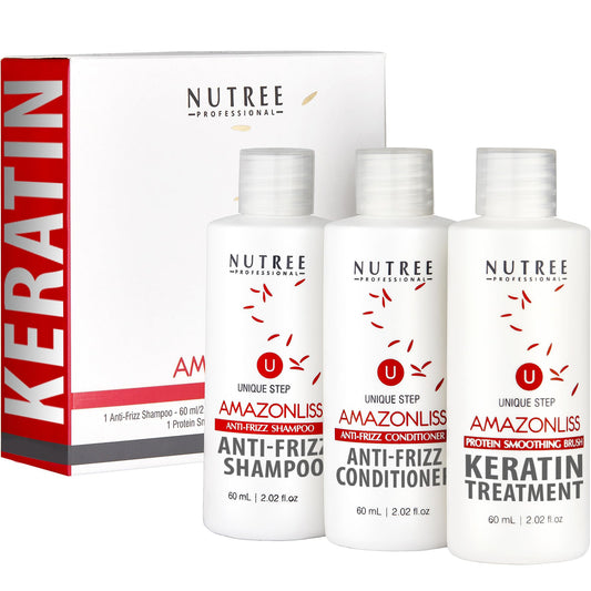 Brazilian Keratin Smoothing Blowout System for Dry, Damaged Hair - Formaldehyde-Free Three-Step Protein Treatment (Shampoo, Conditioner, 2.02 Fl Oz Each)