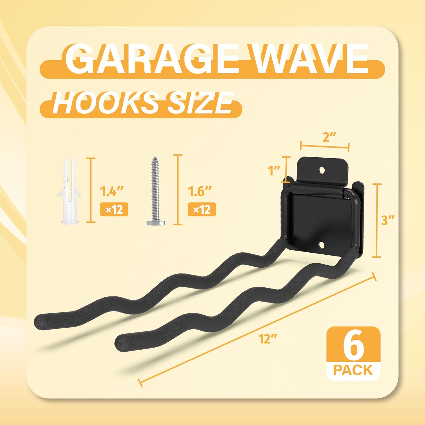 BFPeaky Heavy Duty Garage Hooks - 6 Pack Wave Hooks for Shovels, Chairs Tools - Durable 12" Ladder Hanger, Ideal for Garden, Garage, Yard Tool Organization