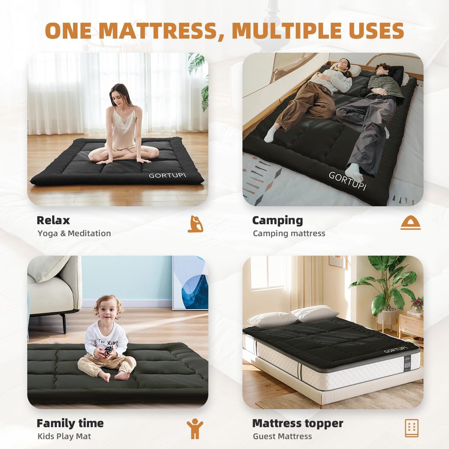 GORTUPI Japanese Floor Mattress,Futon Mattress 3" Black Thicken 100% High Density Comfortable Foam,Foldable Tatami Mat Sleeping Pad,Portable Floor Mattress Sleeping Pad for Adults,Twin Size 39"x 80"