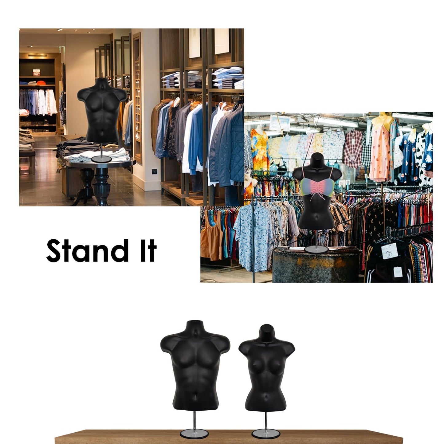 DisplayTown Male and Female Mannequin Torso with Metal Stand Hollow Back Body Stackable Dress Form for Tshirt Display, Countertop, Craft Shows, S-M Size (Black, Set of 1)