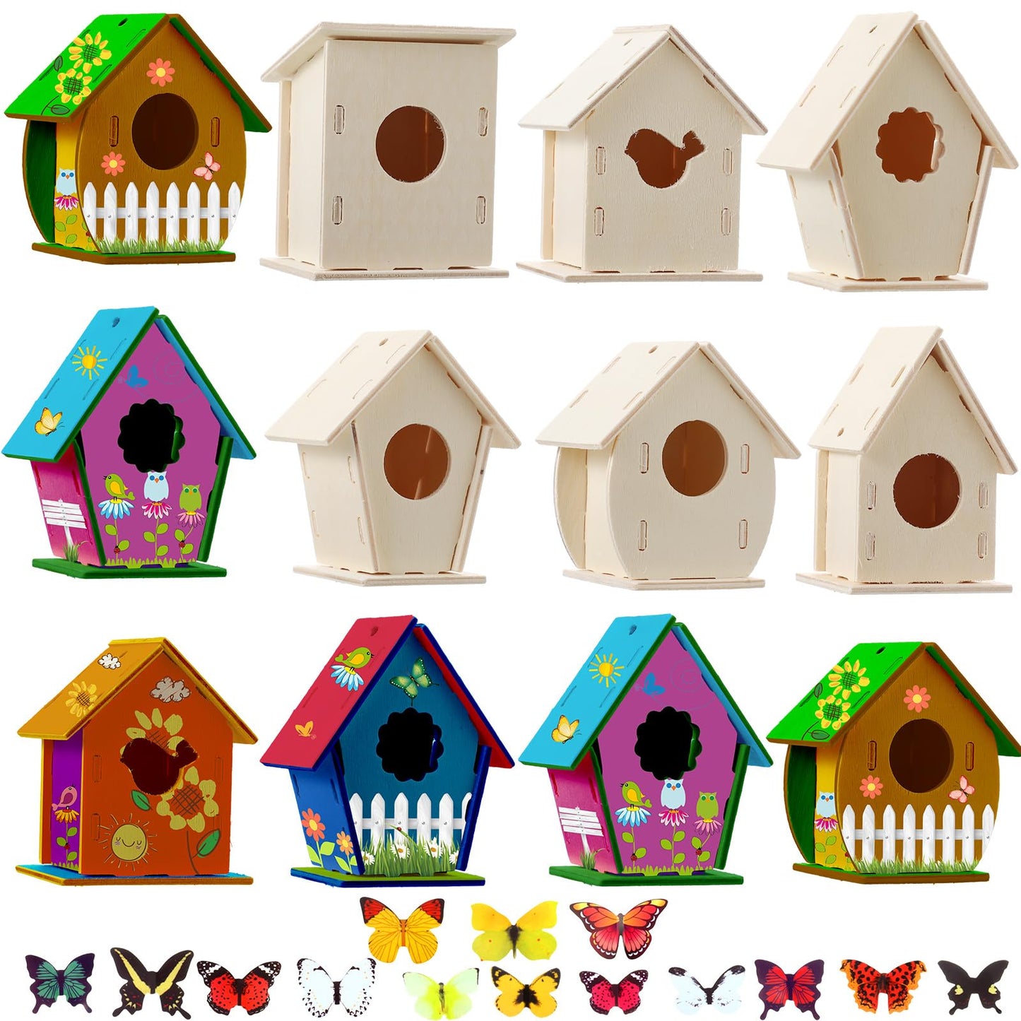 Sawysine 107 Pcs DIY Birdhouse Kits for Kids Ages 5-8 8-12, 48 Wooden Bird House Kits in 6 Shapes and 57 Butterfly Sticker for Children Spring Craft Activity Art DIY Project(Cute Style)