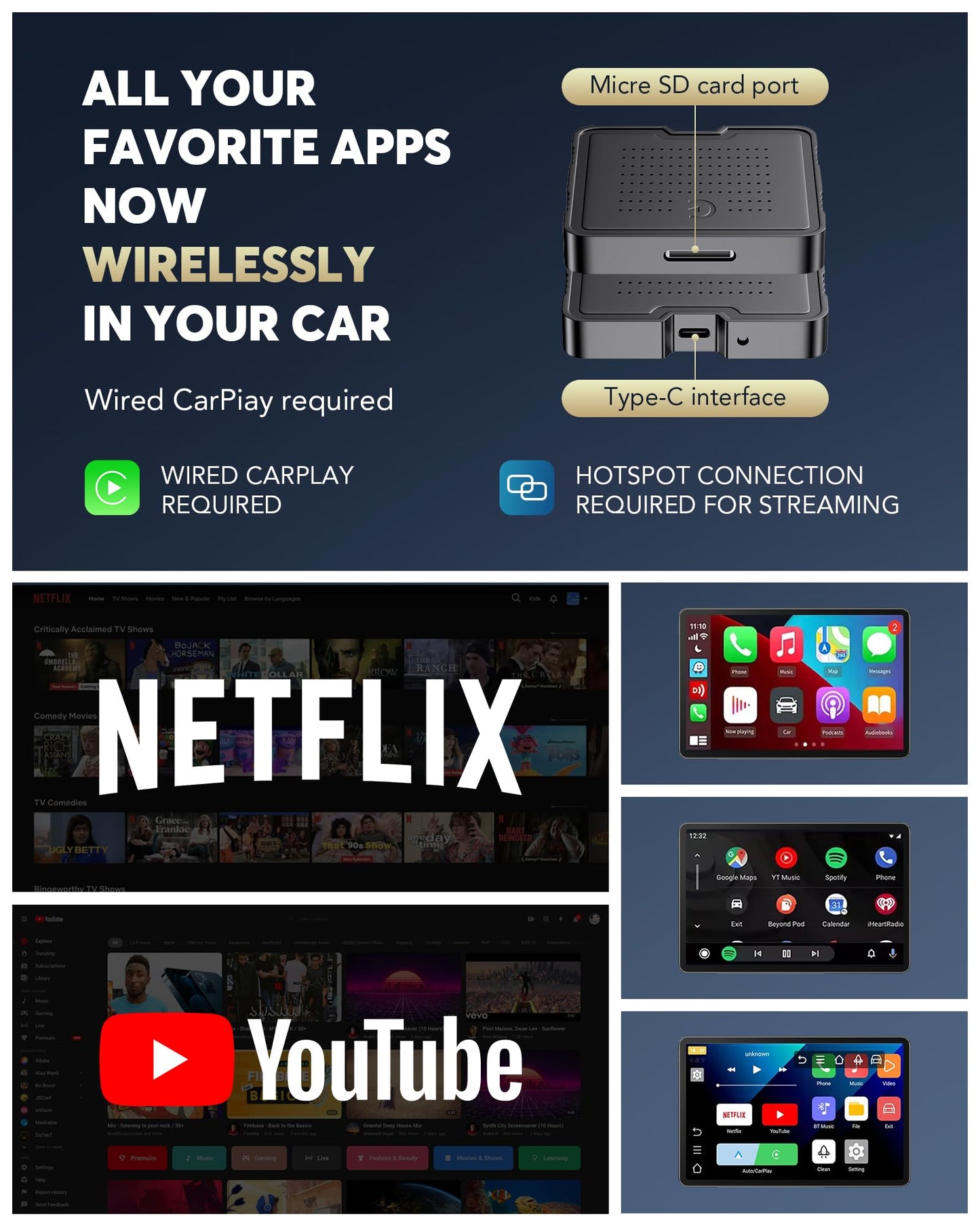 HGLEQ 2-in-1 Wireless CarPlay Adapter for Streaming Netflix/YouTube/TikTok/TF Card, 2025 Magic Video AI Box & Android Auto Dongle, Plug & Play, Fit with iPhone 8+/iOS10+/Android 11+