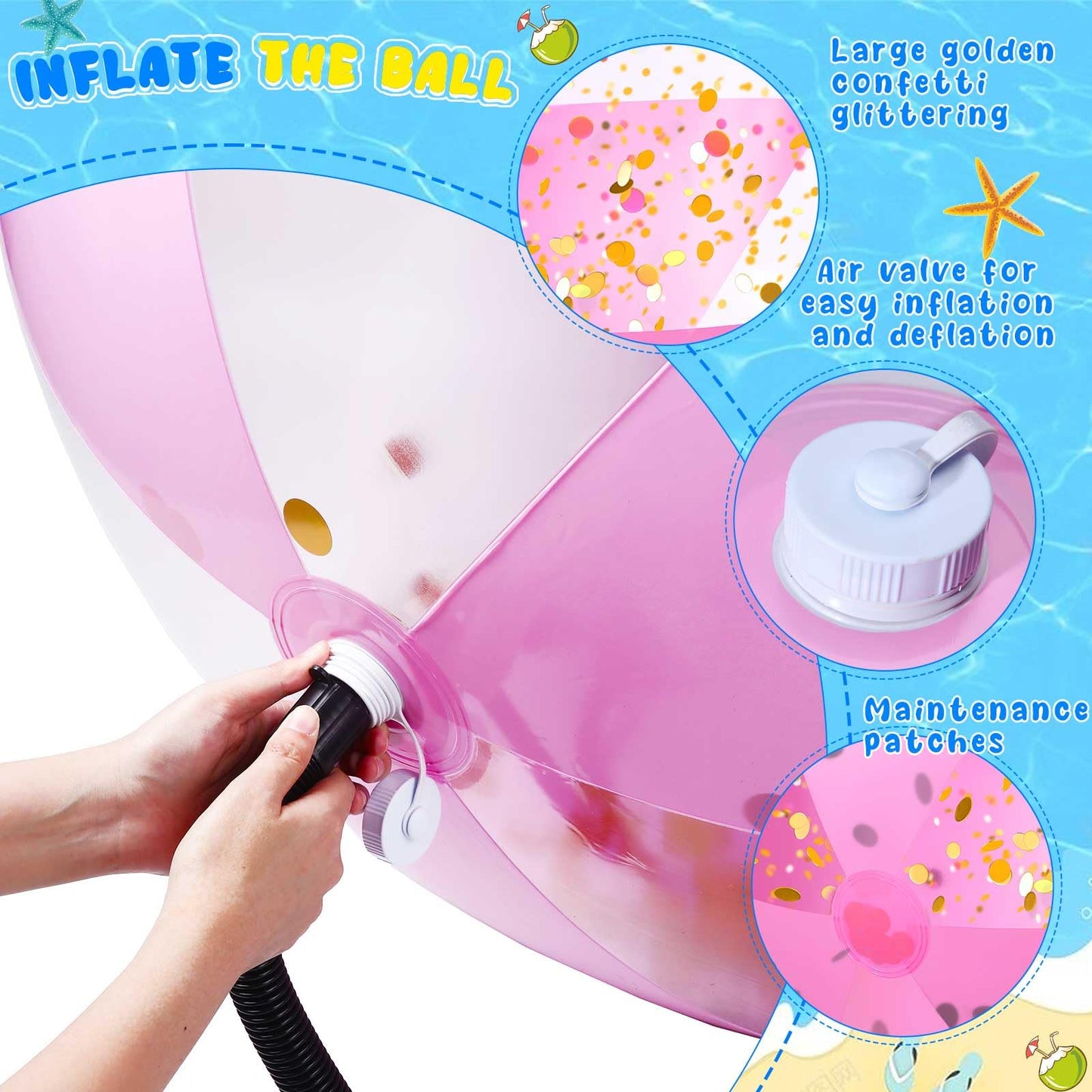 Sosation Giant Pink Inflatable Beach Ball Large Glitter Beach Ball UV Resistant Jumbo Swimming Pool Balls Clear Confetti with a Repair Tape Floatable Balls for Swimming Pool Party Decor