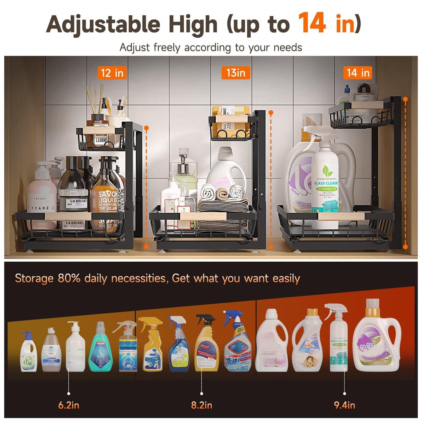 Sevenblue 2 Packs Under Sink Organizer, Height Adjustable 2 Tier Under Kitchen Sink Organizer, Multi-Purpose Storage Shelf for Kitchen Bathroom Cabinet (Black, Extra Large)