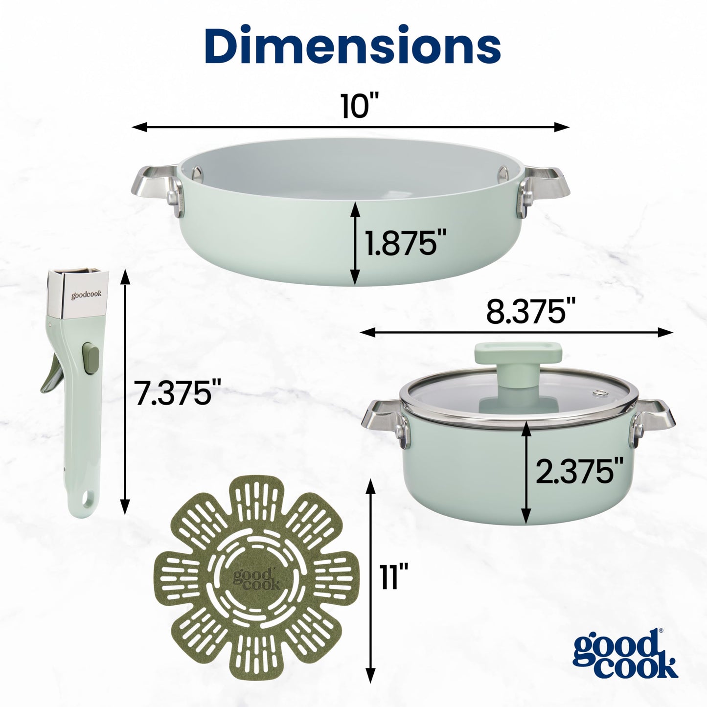 GoodCook Ceramic Cookware Set 5-Piece with Removable Handle, Induction Compatible, Nonstick and Oven Safe with 8-Inch Frypan, Sage Green