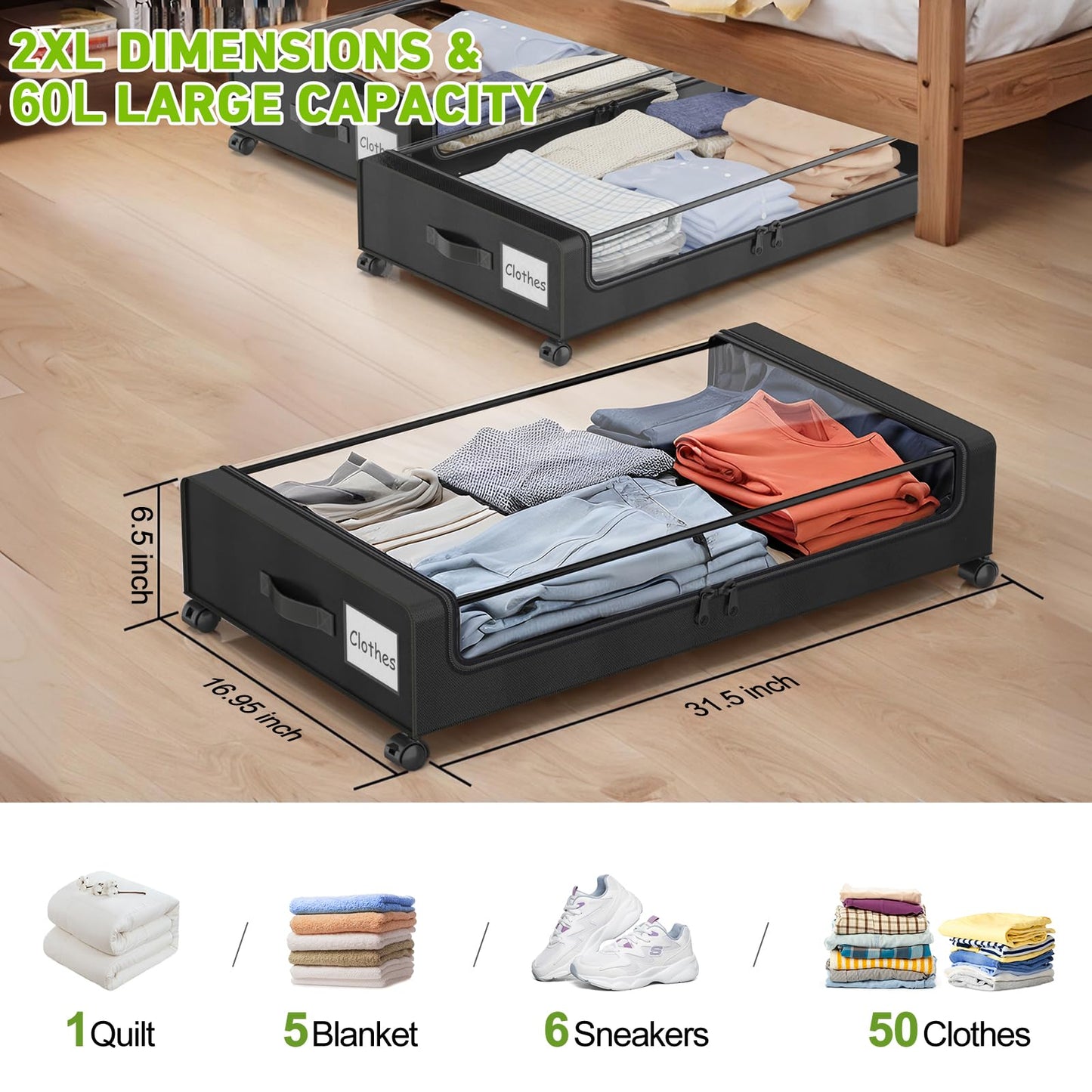 Beborxue Under Bed Storage with Wheels, 4-Pack UnderBed Storage Containers with Clear Lids, XXL 60L Under the Bed Storage Organizer Bins, Rolling Under Bed Metal Drawer for Clothes,Shoes,Toys (Black)