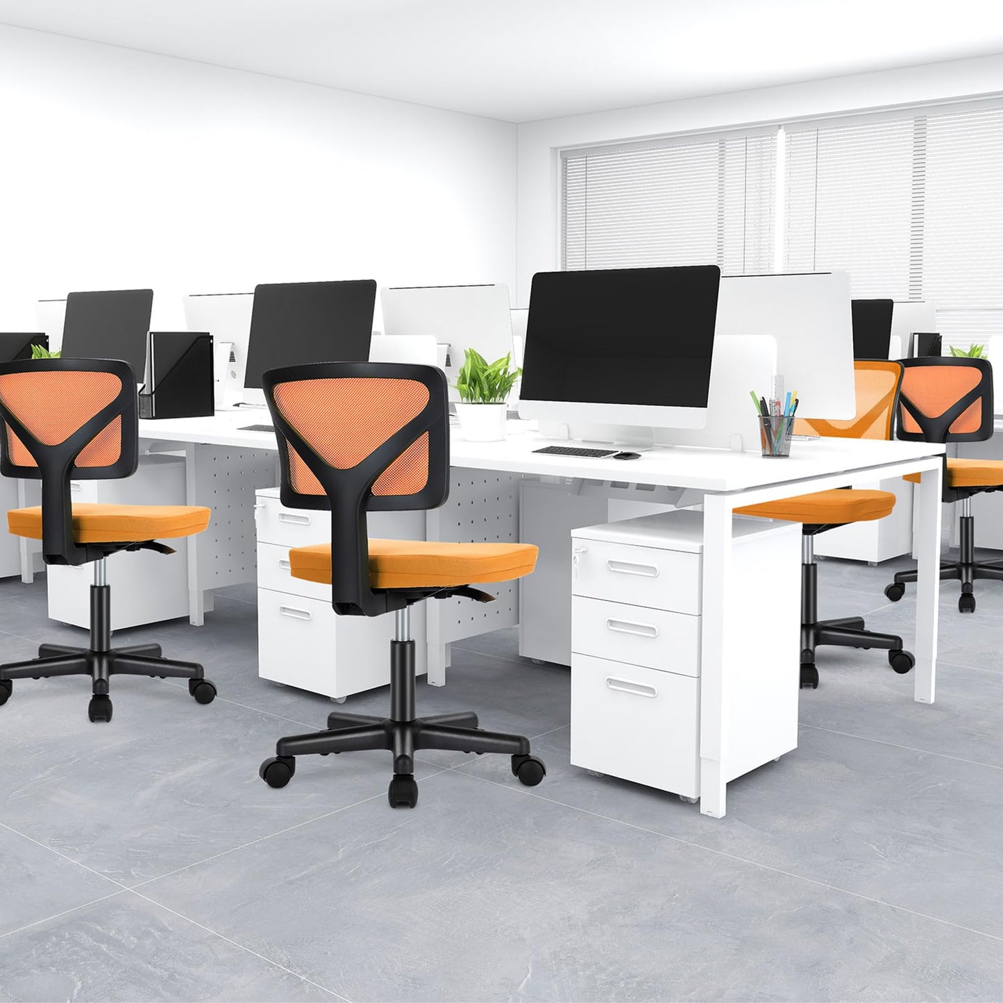 DUMOS Armless Office Chairs with Wheels, Ergonomic Adjustable Home Desk Swivel Rolling Task Chair No Arms, Comfy Mesh Mid Back Computer Work Vanity Desk Chairs for Small Spaces, Orange