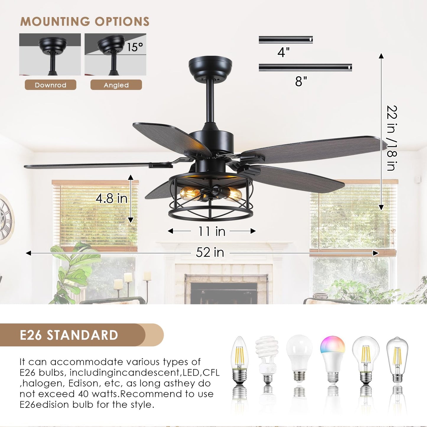 52" Black Ceiling Fan with Light & Remote, Timer, 5 Wood Blades - Rustic Flush Mount Fandelier, 6-Speed Reversible, Indoor/Outdoor for Bedroom, Living Room, Kitchen, Patio