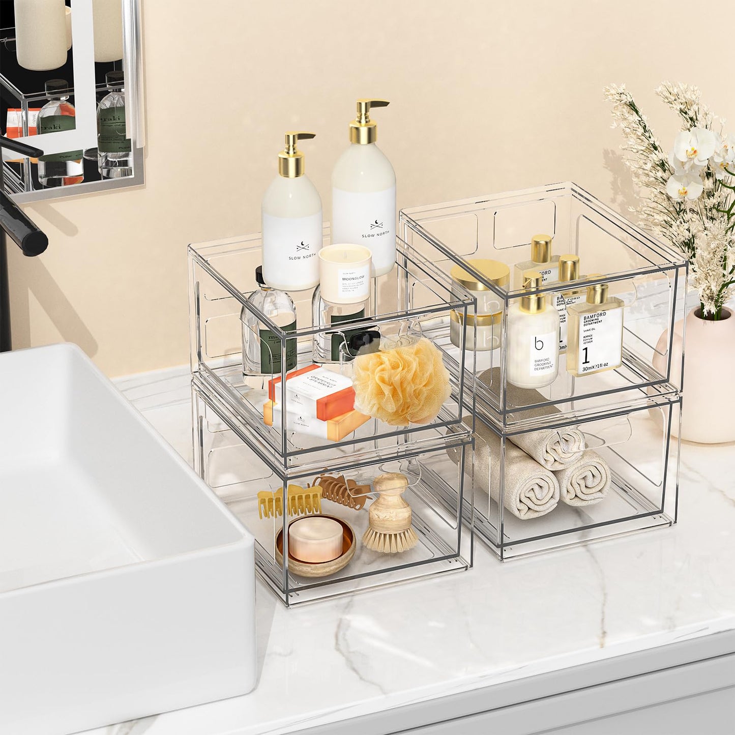 SpaceHacks 6 Pack Stackable Plastic Makeup Organizer Drawers, Acrylic Organizers, Clear Storage Bins with Pull-Out Handles for Vanity, Kitchen Cabinets, Pantry