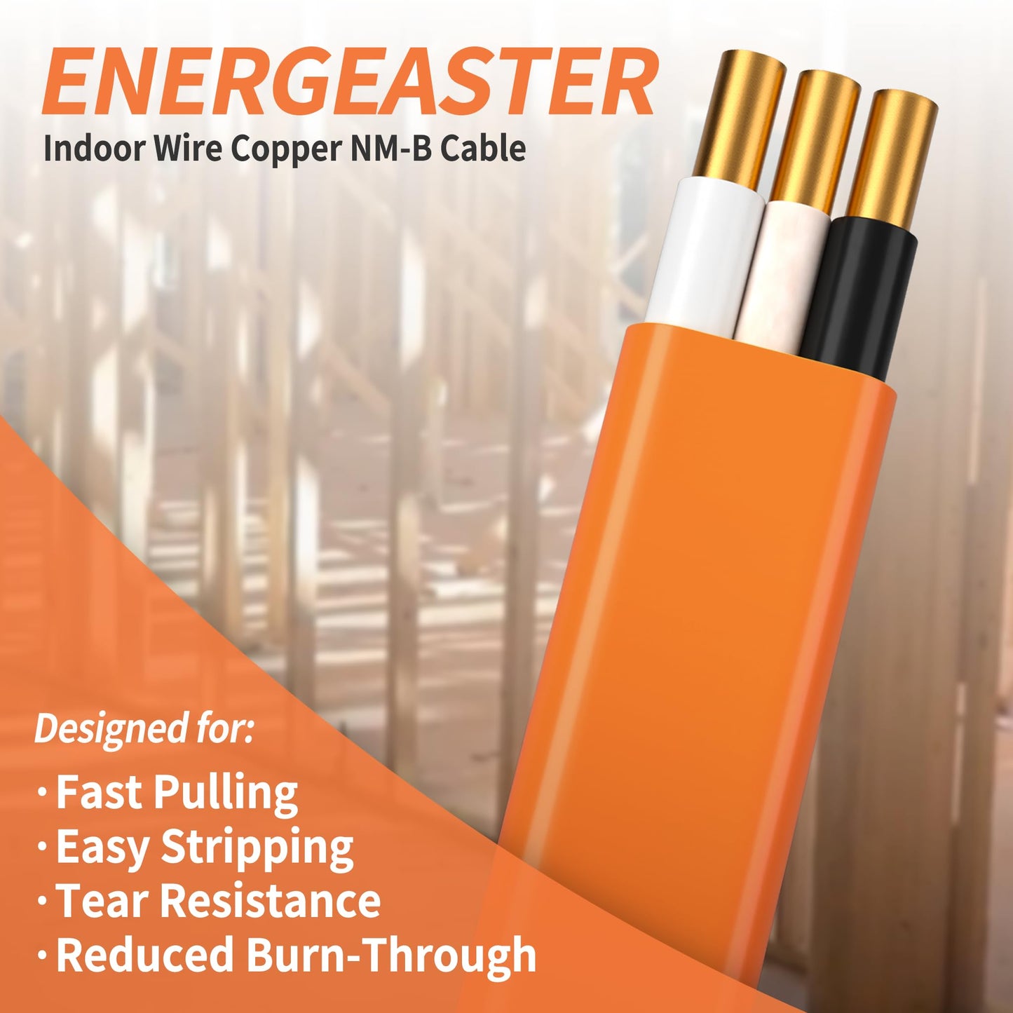 Energeaster 10/2 NM-B Wire,with Ground Indoor Electrical Copper Wire，10 Gauge Wire 2 Conductor Non-Metallic Sheathed Copper Cable(50FT Orange)
