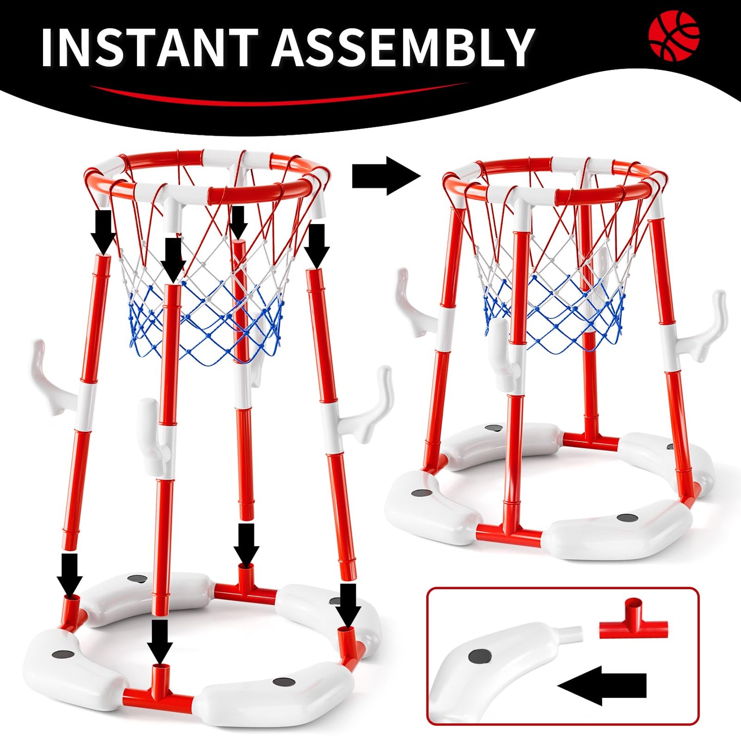 Pool Basketball Hoop Toys for Kids Ages 4-8 8-12 Adult, Summer Outdoor Swimming Pool Games Water Play Toys Family Party for Teens, 2in1 Pool Basketball Hoop & Rings Game with 4 Balls 12 Rings and Pump