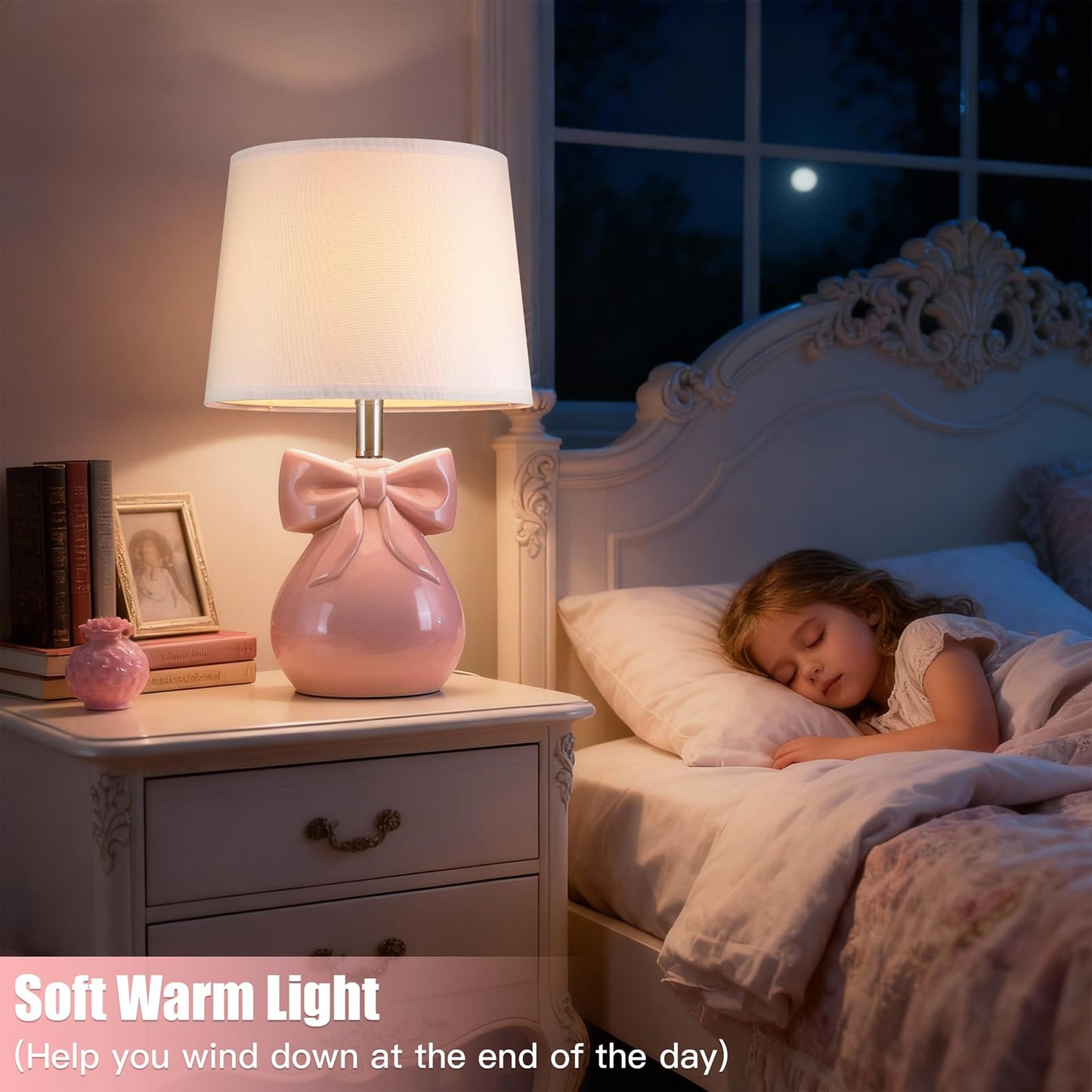 Hapcrea Pink Bow Table Lamp for Girl's Room, 19" Ceramic Cute Lamp for Bedroom, Classic Bedside Lamp for Nightstand, Modern Table Lamp for Living Room with Rotary Swtich (Bulb Included)