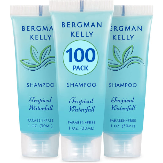 BERGMAN KELLY Travel Size Hotel Shampoo (1 fl oz, 100 PK, Tropical Waterfall), Delight Your Guests with Invigorating and Refreshing Shampoo Hotel Amenities, Mini & Small Size Luxury Shampoo in Bulk