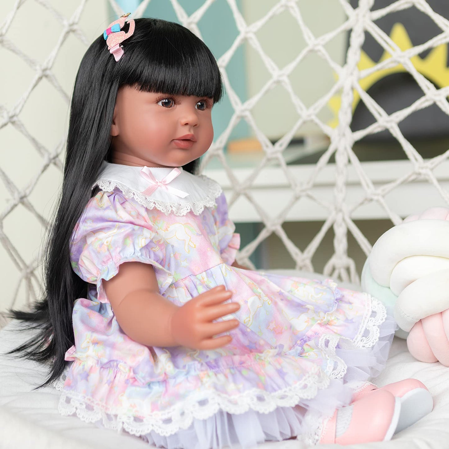 KOKOMANDY Lifelike African American Reborn Baby Dolls Black Girl 24 inches Toddler Doll Handamde Realistic Silicone Reborn Doll Weighted Body with Long Black Hair Toys for Kids