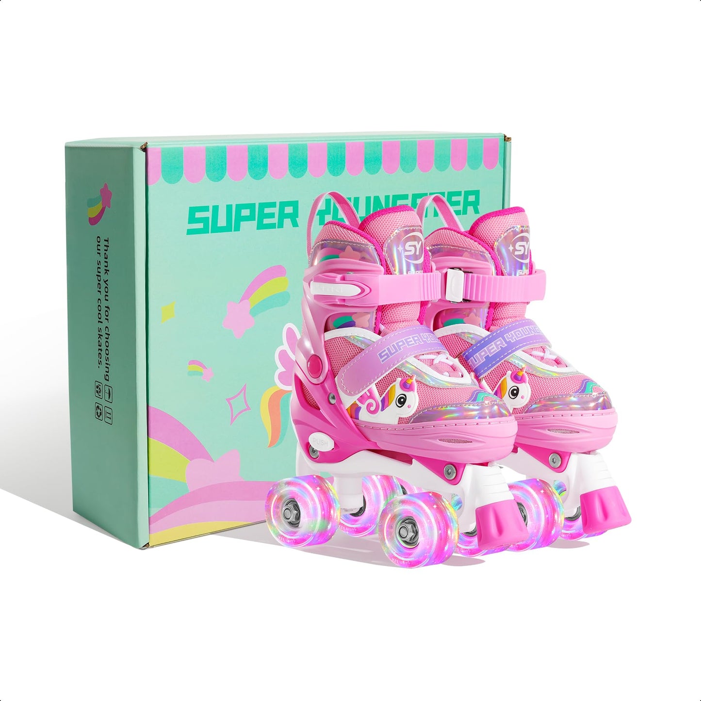 SUPER YOUNGSTER Adjustable Light Up Kids Unicorn Roller Skates for Girls Ages 4-6 5-8 8-12，Toddlers Beginner Cat Roller Skates