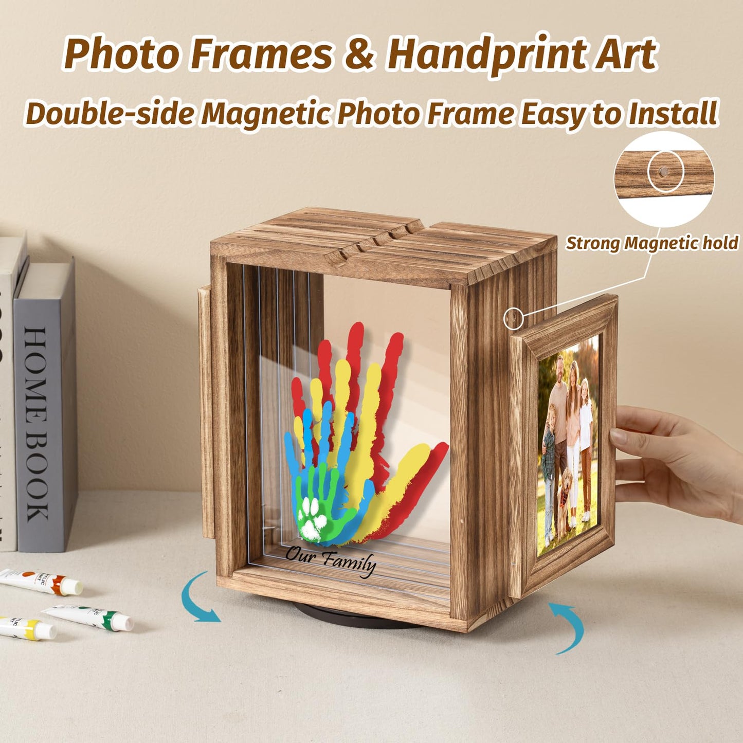 Emfogo 360 Rotating Family Handprint Kit, DIY Craft Keepsake Wooden Frame, Baby Footprint Kit, 5 Paint Colors Included, Non-Toxic Paints&Transparent Sheets, Gifts for Handprint Family Keepsake（Brown）