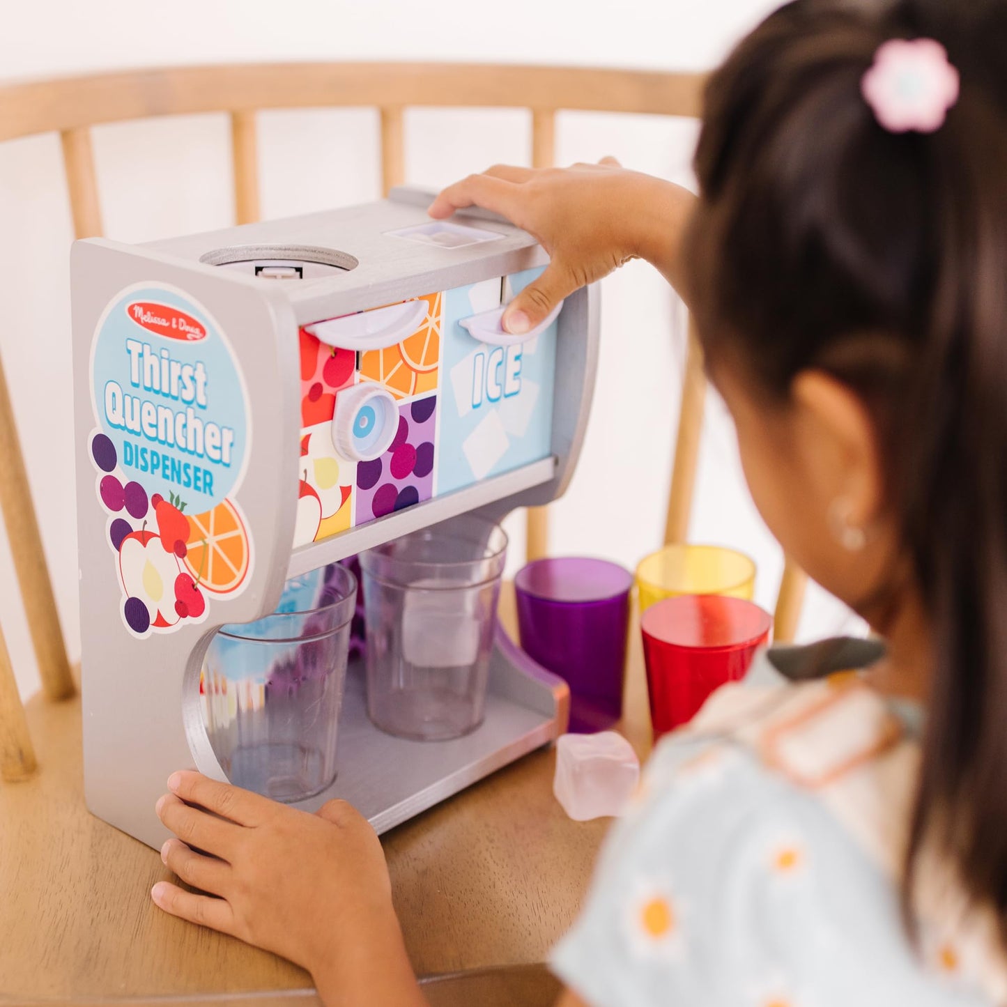 Melissa & Doug Thirst Quencher Wooden Drink Dispenser Pretend Play Set with Cups, Juice Inserts, Ice Cubes - FSC CertifiedPretend Play Soda Fountain, Food Sets for Kids Kitchen, for Kids Ages 3+