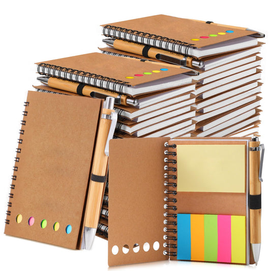 Chuangdi 30 Sets Lined Spiral Notebooks with Sticky Notes and Bamboo Pens, End of School Year Gifts for Office Teacher Staff, Kraft Notebook with Pen Bulk for Graduation Gift Back-to-school Supplies