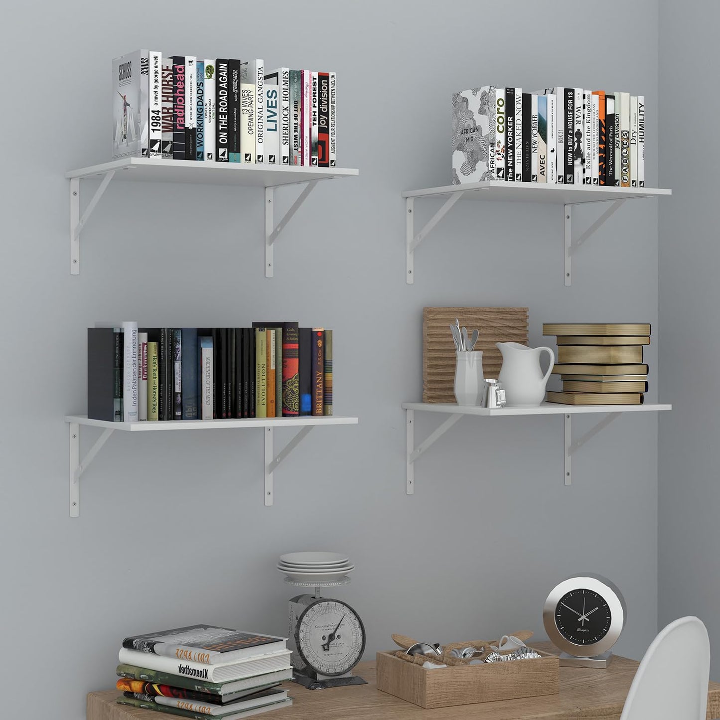 Dushikent Deep Floating Wall Shelves - 4 Sets of 12 Inch Wide White Wood Shelves for Bathroom, Bedroom, Kitchen, Living Room