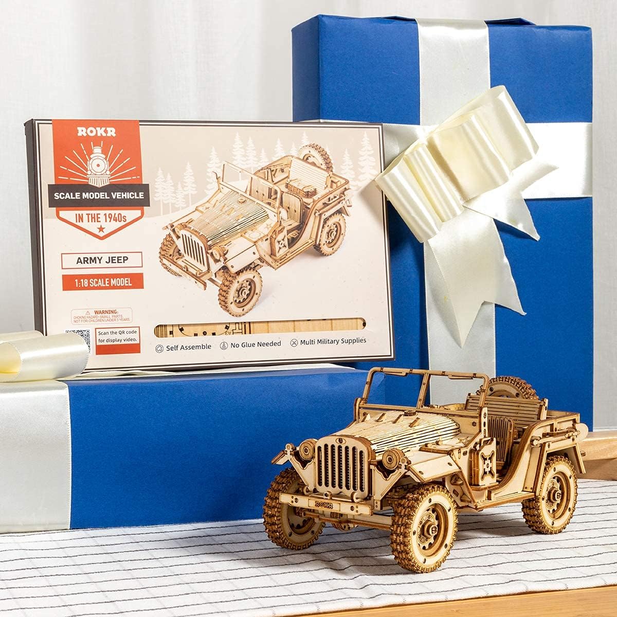 ROKR 3D Wooden Puzzle Scale Model Car -Self Building Vehicle Kits-Brain Teaser Toys- Birthday/Christmas Gift for Adults on (Army Jeep)