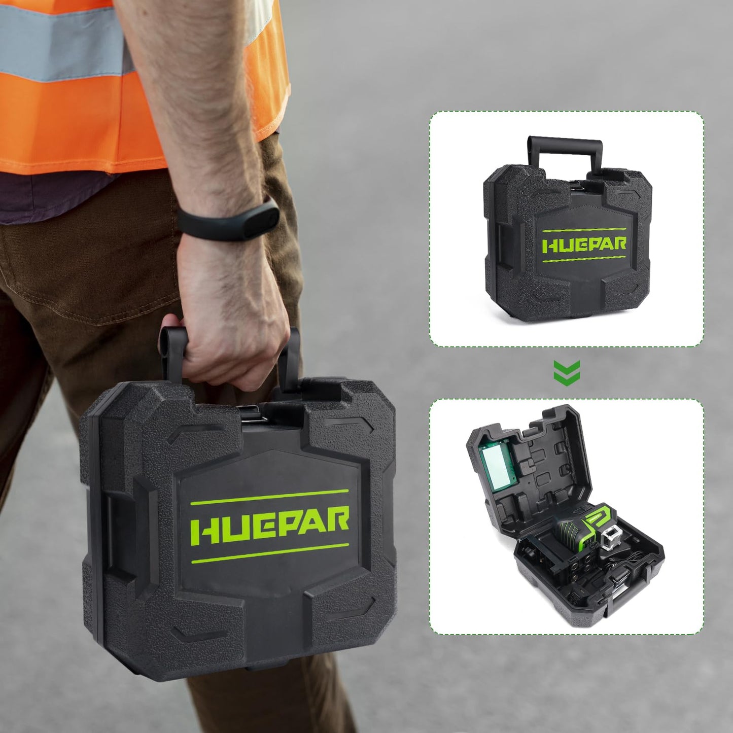 Huepar Self Leveling Green Laser Level Cross Line with 2 Plumb Dots Laser Tool -360 Horizontal Line Plus Large Fan Angle of Vertical Beam -Li-ion Battery with Type-C Charging Port&Magnetic Base 7211CG