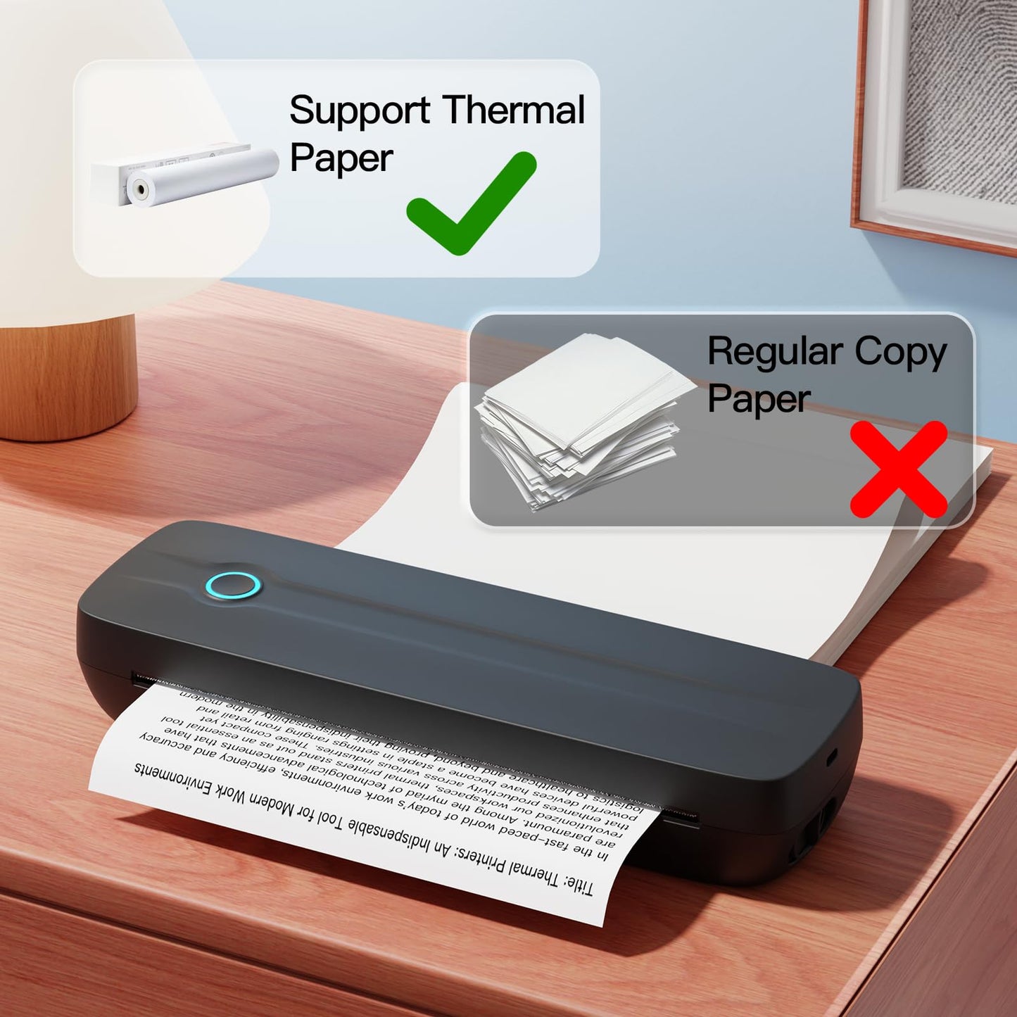 Portable Thermal Printer Wireless for Travel, Supports 8.5" X 11"US Letter/A4/A5/4in/3in/2in Thermal Paper, Bluetooth Inkless Printer Compatible with iOS, Android & Laptop for Office, School, Vehicle