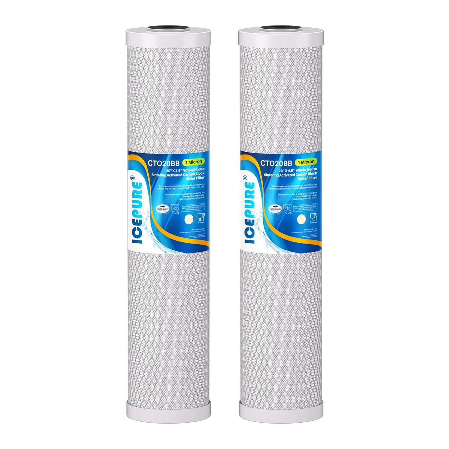 ICEPURE 1 Micron 20" x 4.5" Whole House CTO Coconut Shell Activated Carbon Water Filter Cartridge Replacement for FC25B, EPM-20BB, CB-BB-20, DB20P, EP-20BB, CTO-F20B-5, F3WGB32BM, 155783-43, 2 Pack
