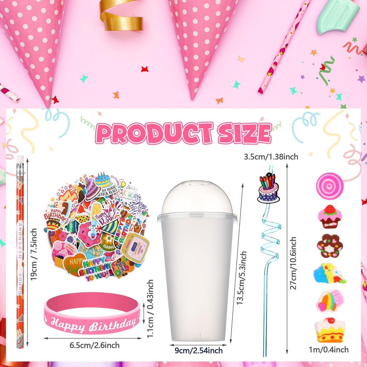 Baderke 24 Sets Birthday Gifts Party Favors Set Include Reusable Cups with Dome Lids Straw Decoration Pencil Heart Eraser Silicone Bracelet Stickers (Style A)