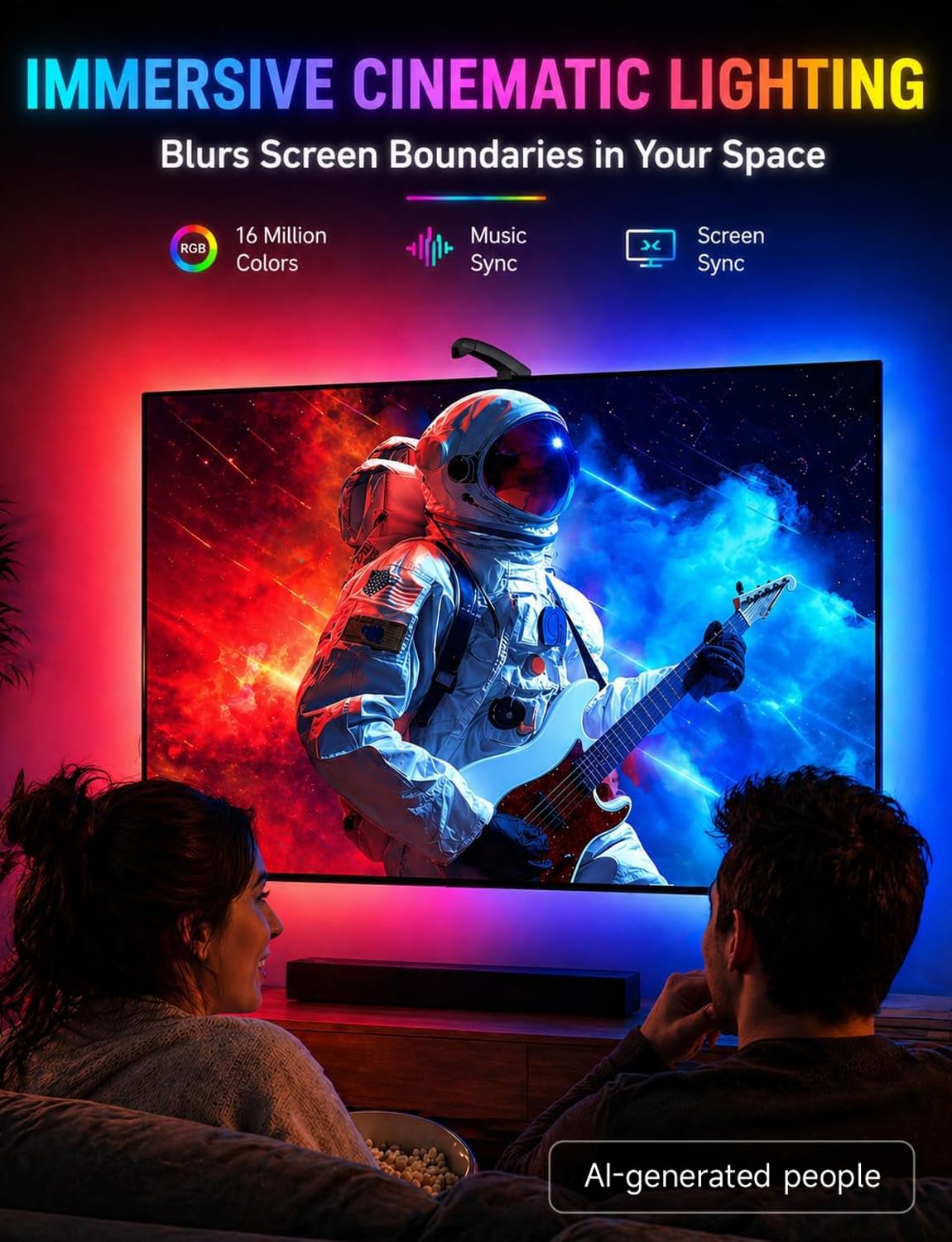 QTU TV LED Backlight with Sensor, LED Sync Lights for TV 55-65 Inch, Smart Camera Sync to Screen, Ambient RGB Strip Lights for Gaming & Home Theater, App Control (14.7ft)