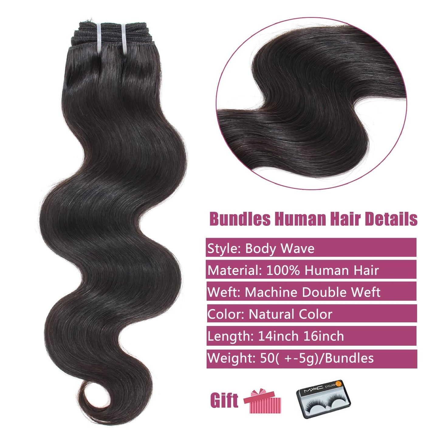 Body Wave Bundles Human Hair - 4 Bundles, 14/16 Inch, 100% Unprocessed Brazilian Virgin Hair Weave, Natural Black