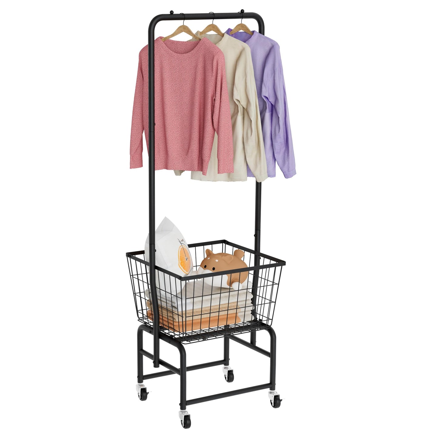 SIMHOMSTOR Rolling Laundry Cart with Wheels, Laundry Hamper Basket Organizer with Clothes Hanging Rack, Wire Storage Cloth Shelf Butler, Black