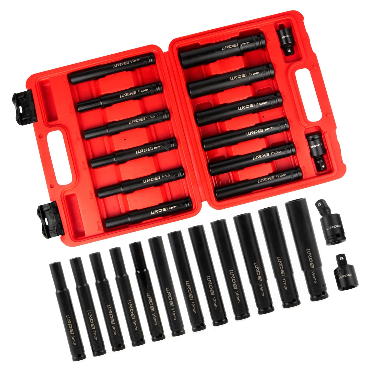 LLNDEI 14 Piece 3/8" Drive 6 Point Deep Impact Socket Set, Including 12PCS Extra Long Deep Impact Sockets in Metric Sizes (6mm,7mm,8mm,9mm,10mm,11mm,12mm,13mm,14mm,15mm,17mm,19mm)