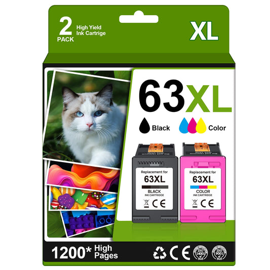 63XL Ink Cartridges Black and Color (2-Pack) for HP Ink 63 63XL Combo Pack Works for DeskJet 1112, 2130, 3630 Series; for Envy 4510, 4520 Series; for OfficeJet 3830, 4650, 5200 Series Printer L0R46A
