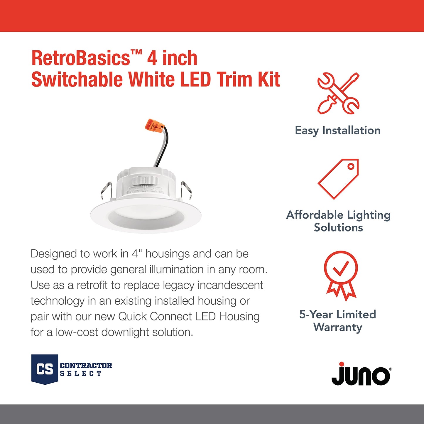 Juno 4 Inch LED Recessed Lighting, RetroBasics Series LED Downlight Trim Kit, Regressed 4" Ceiling Light with 5-in-1 Switchable White Color, 625 Lumens, Baffle Trim, Matte White (6-Pack)