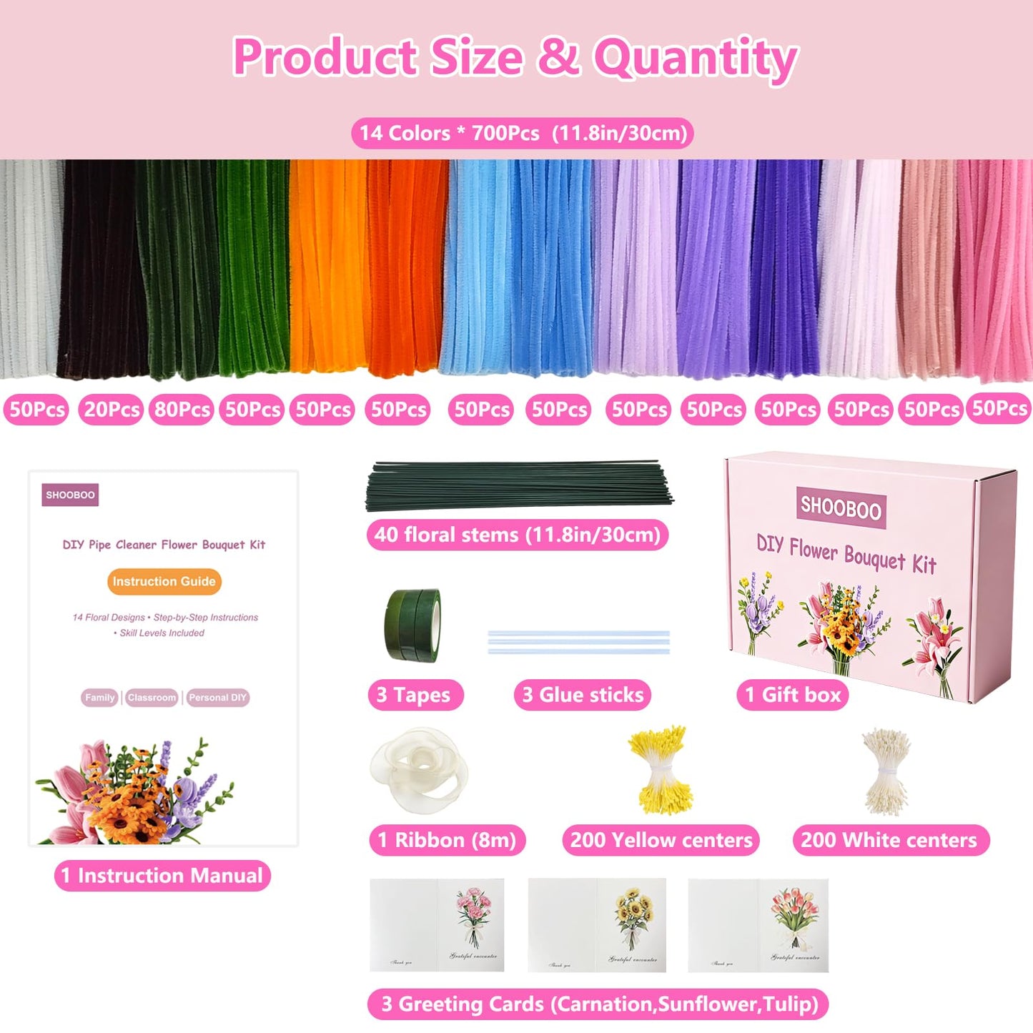 ShooBoo Pipe Cleaner Flower Kit, 700 PCS Pipe Cleaners Craft with 14 Flower Designs Step-by-Step Instruction Guide, 14 Colors Chenille Stems Flower Making Kit with Floral Stems,DIY Craft Supplies