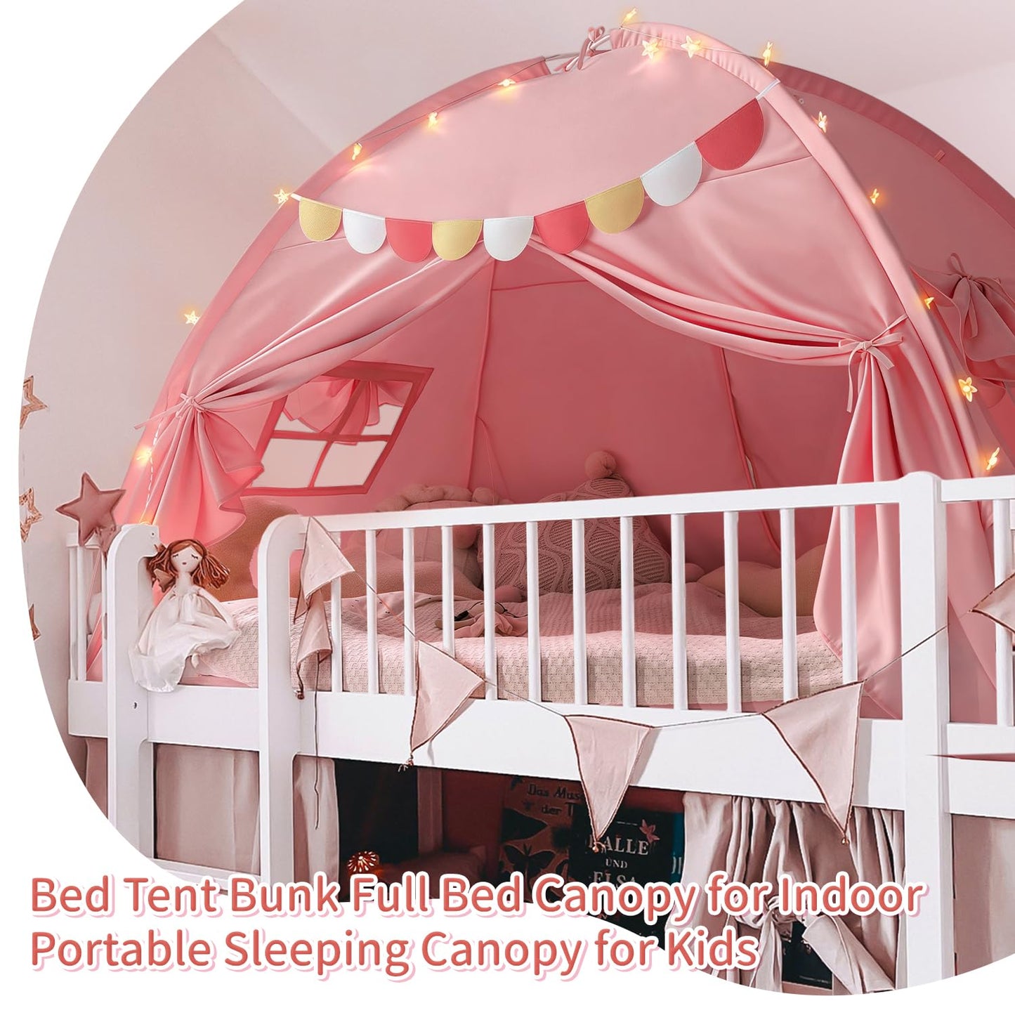 Razee Full Size Bed Canopy for Kids, Girls Bed Tent Dream Privacy Playhouse Floor Sleeping Tents Indoor, Toddler Under Bunk Bed Pink Tent with Pennant Banners, Kid House Toys for Birthday Gift